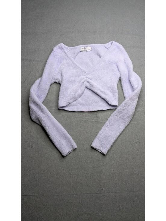 Bershka Sweaters - Bershka Sweater Pullover Womens XS Purple Fuzzy Cropped Twist Front V Neck